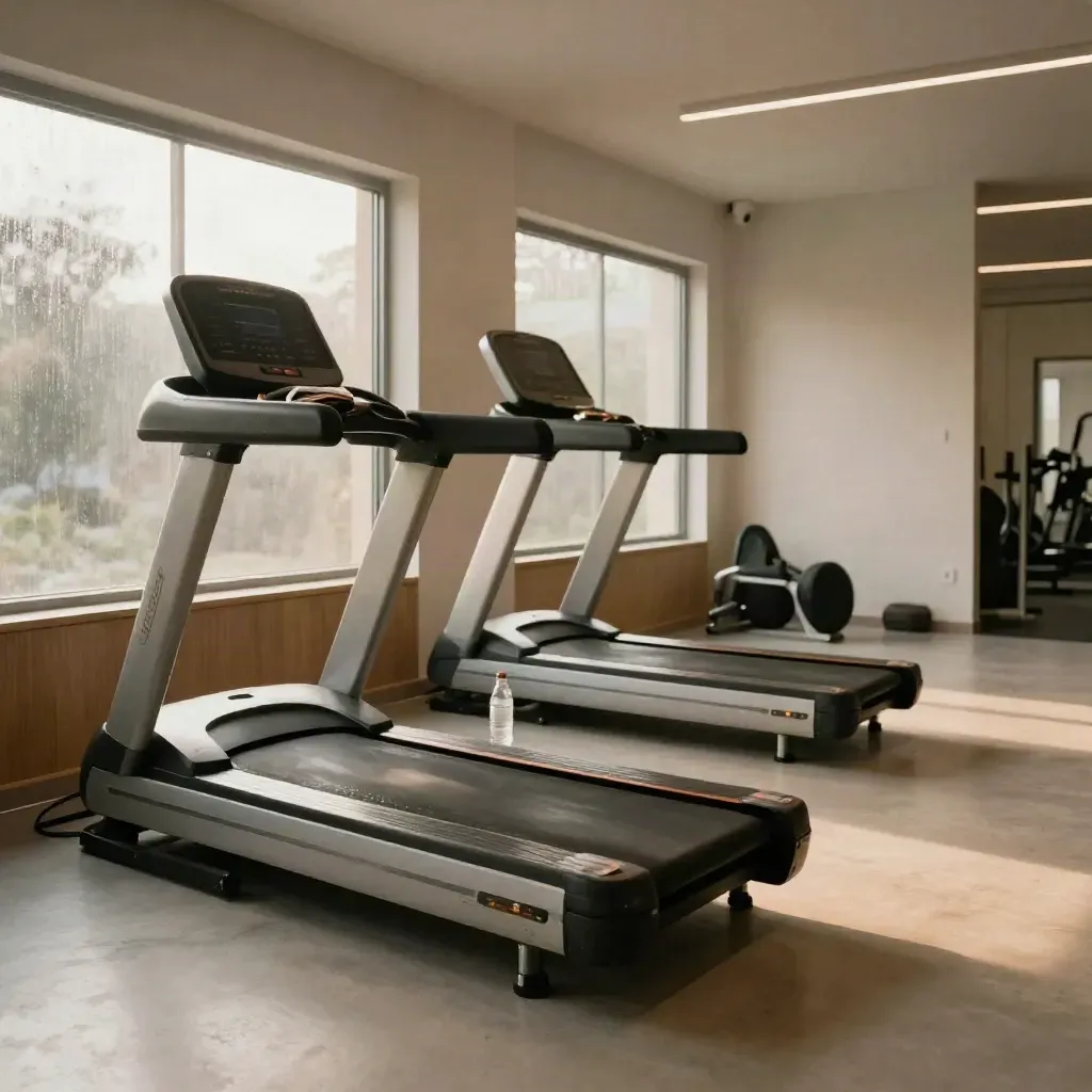 Sudut kardio tenang dengan treadmill, tuala lipat dan botol air di ruang gym yang lapang.