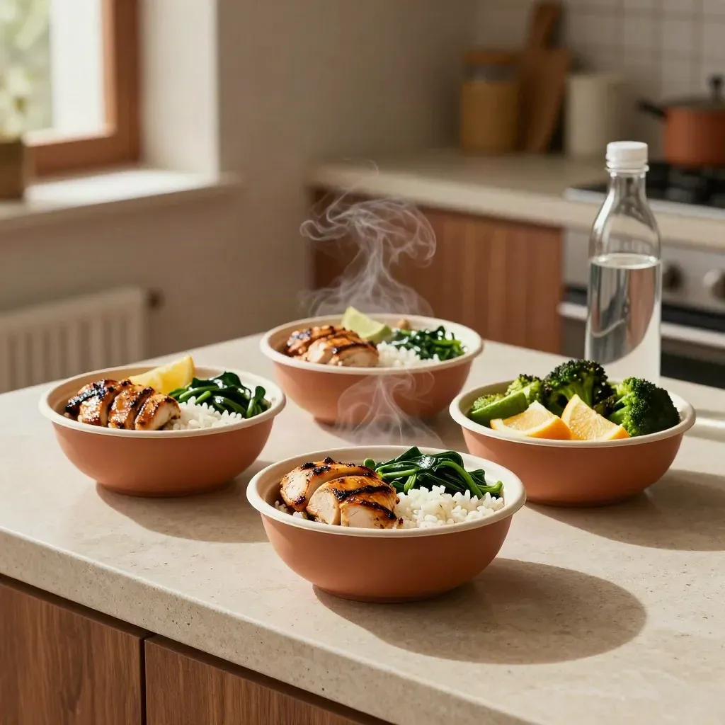 Bowl makan sihat dengan ayam panggang, nasi, sayur dan air di atas kaunter batu.