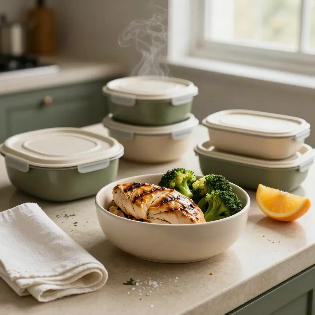Mangkuk meal prep ayam, brokoli dan limau di kaunter dapur dengan tuala putih.