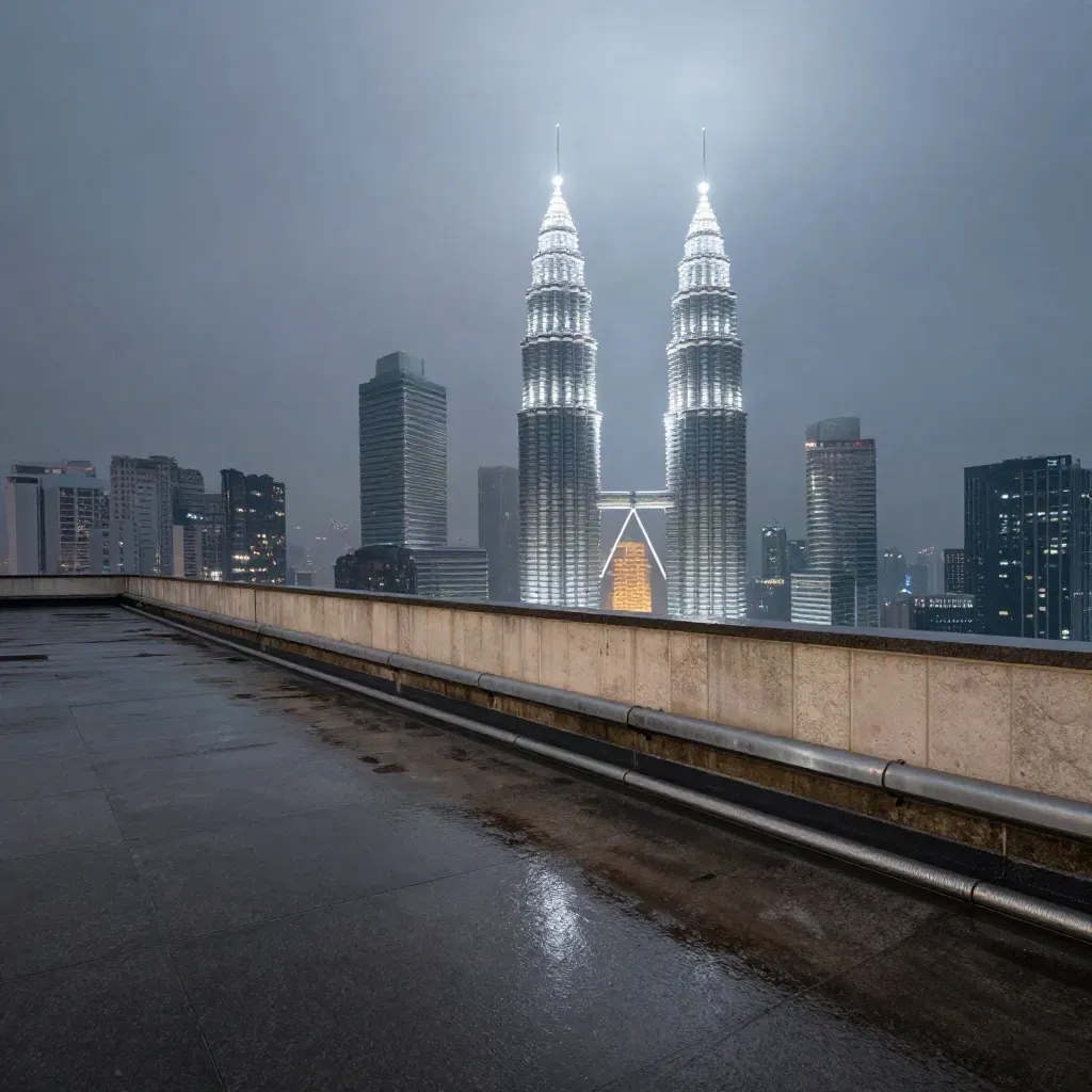 Menara Petronas di atas bumbung basah Kuala Lumpur, kabus monsun biru waktu senja.